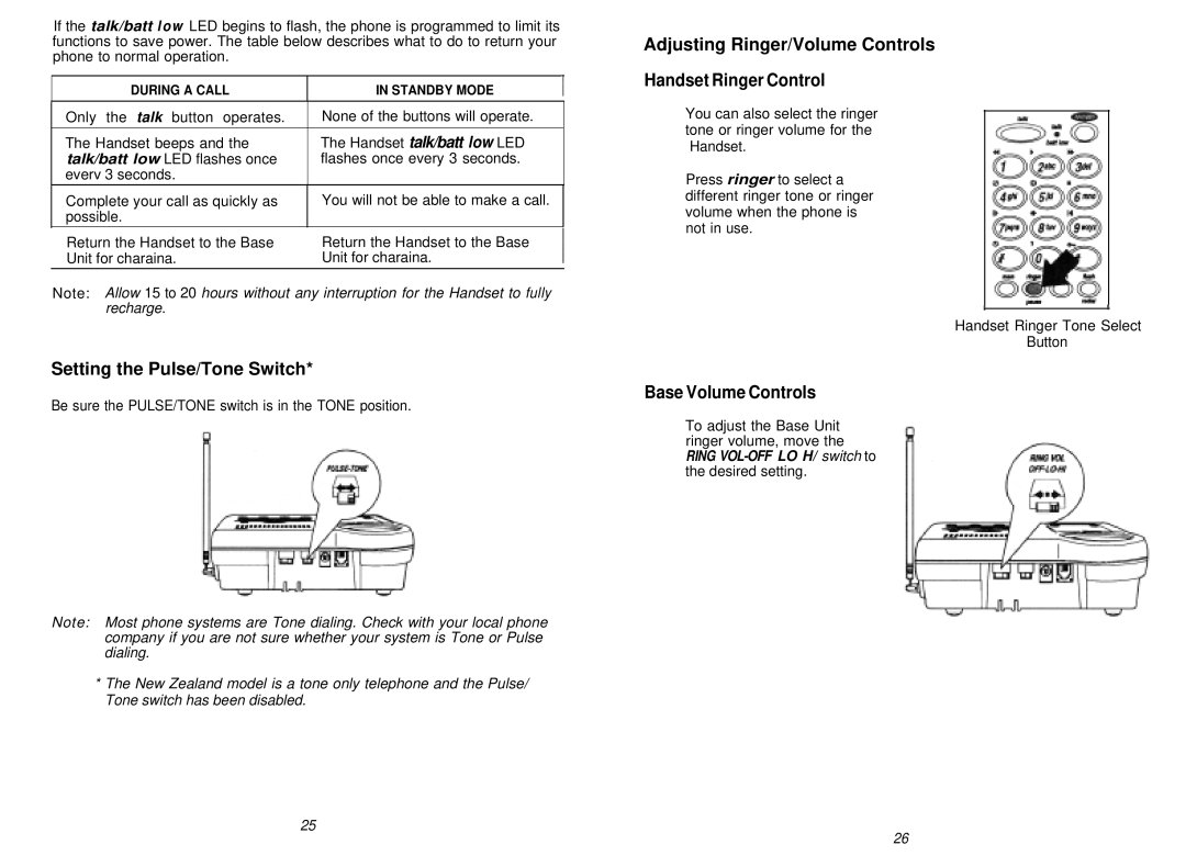 Uniden XCA750 Setting the Pulse/Tone Switch, Adjusting Ringer/Volume Controls Handset Ringer Control, Base Volume Controls 