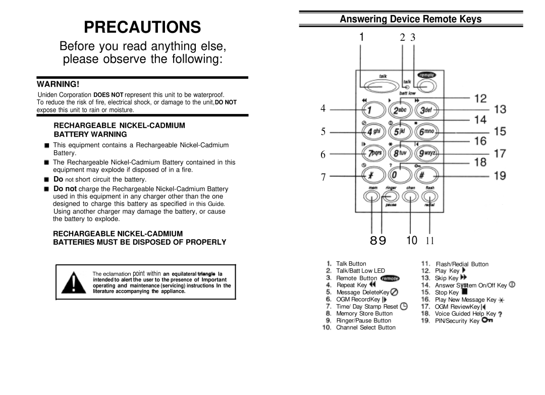 Uniden XCA750 manual Precautions, Answering Device Remote Keys 