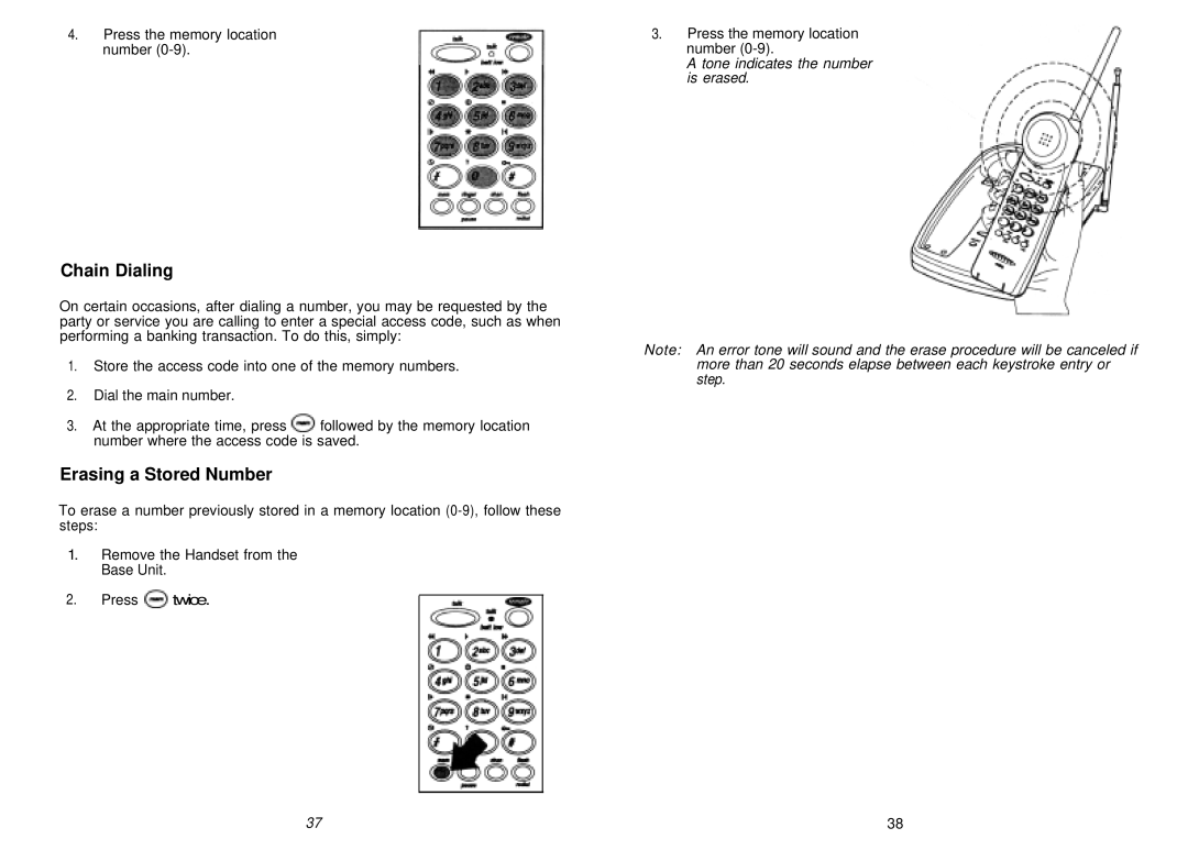 Uniden XCA750 manual Chain Dialing, Erasing a Stored Number 