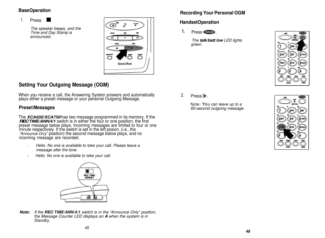 Uniden XCA750 manual Preset Messages, Recording Your Personal OGM HandsetOperation 