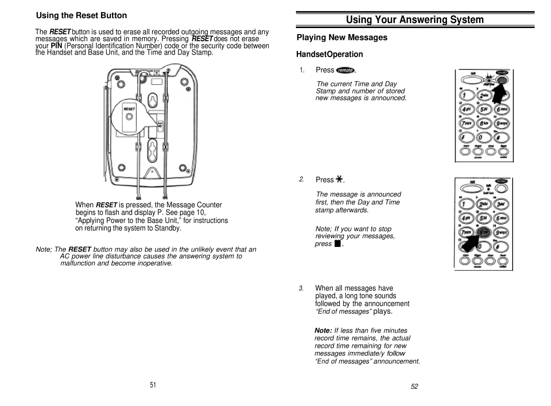 Uniden XCA750 manual Using Your Answering System, Using the Reset Button, Playing New Messages HandsetOperation 