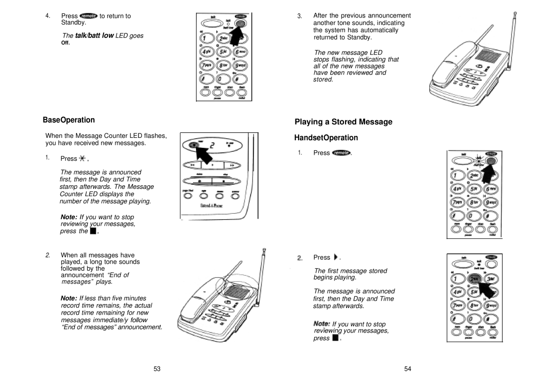 Uniden XCA750 manual BaseOperation, Playing a Stored Message HandsetOperation 