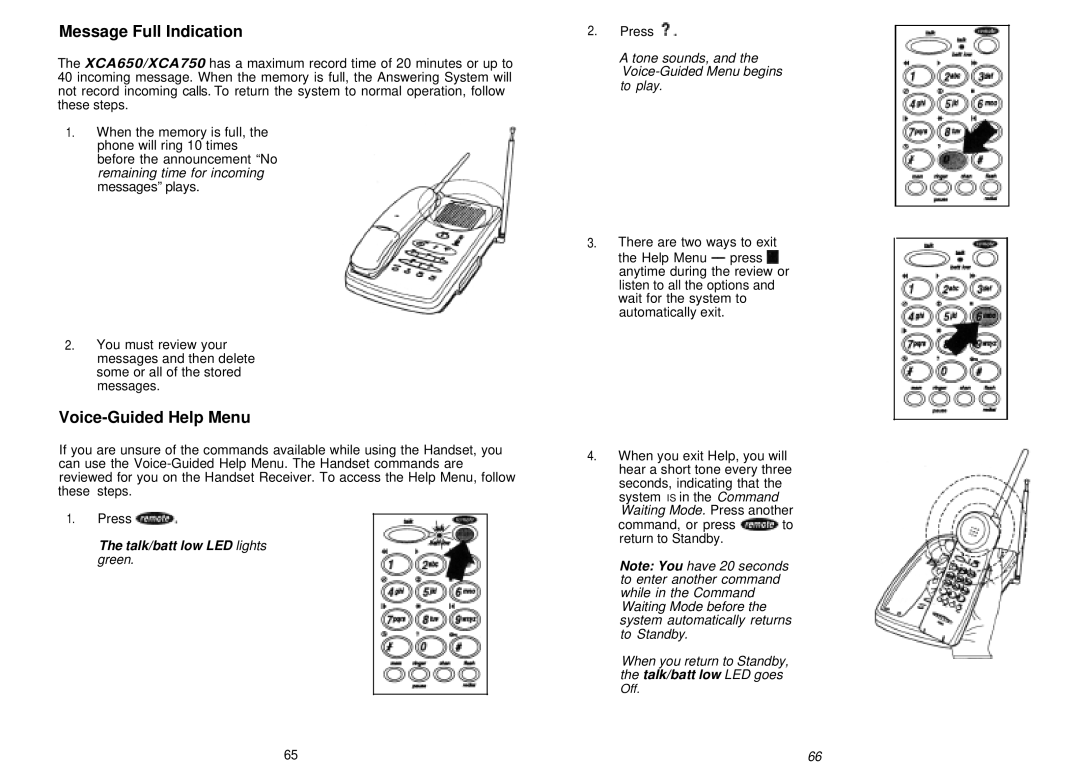 Uniden XCA750 manual Message Full Indication, Voice-Guided Help Menu 