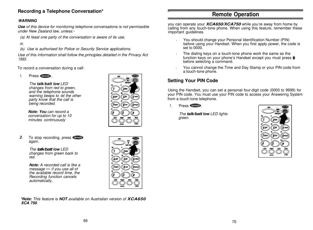 Uniden XCA750 manual Remote Operation, Recording a Telephone Conversation, Setting Your PIN Code 