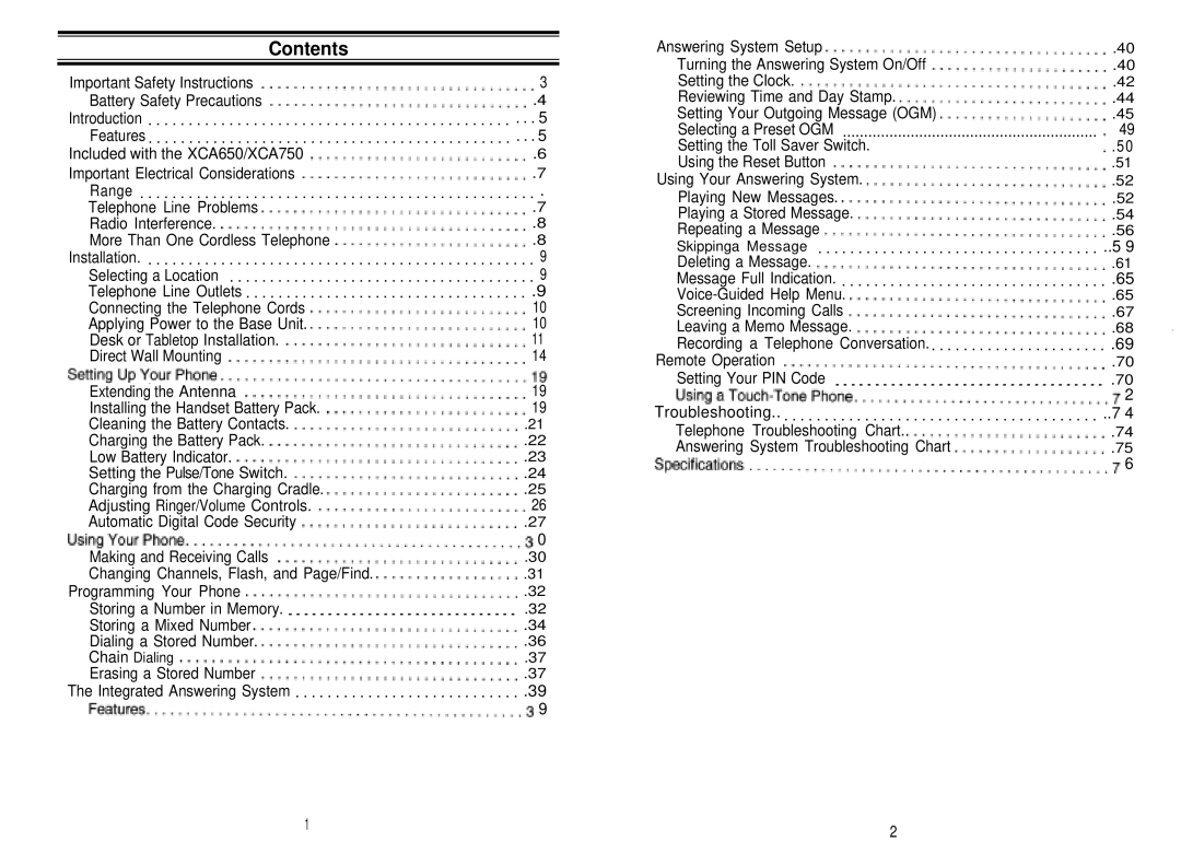 Uniden XCA750 manual Contents 