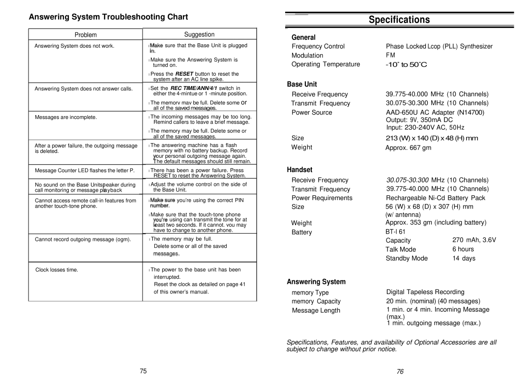 Uniden XCA750 manual Specifications, Answering System Troubleshooting Chart 