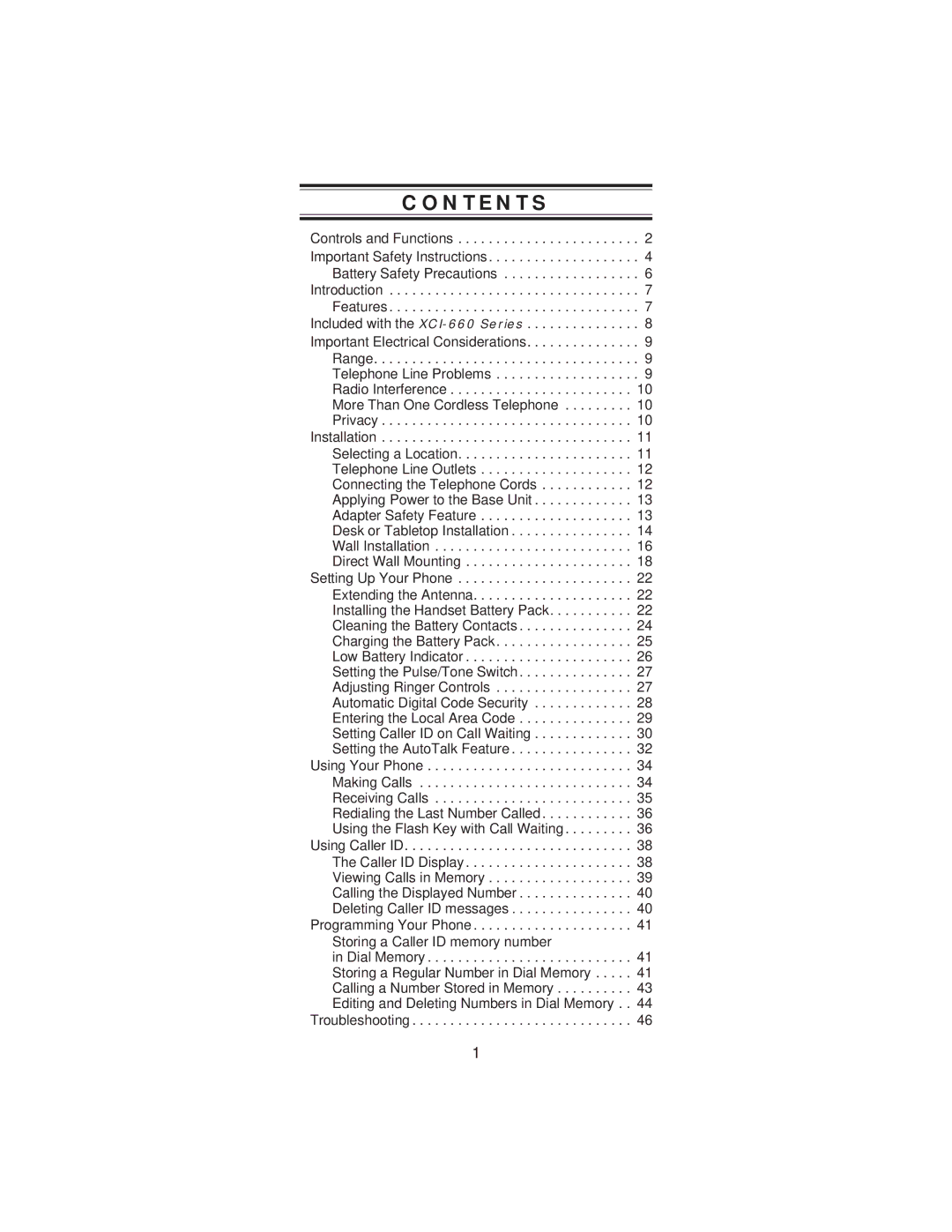 Uniden XCI-660 important safety instructions Contents 