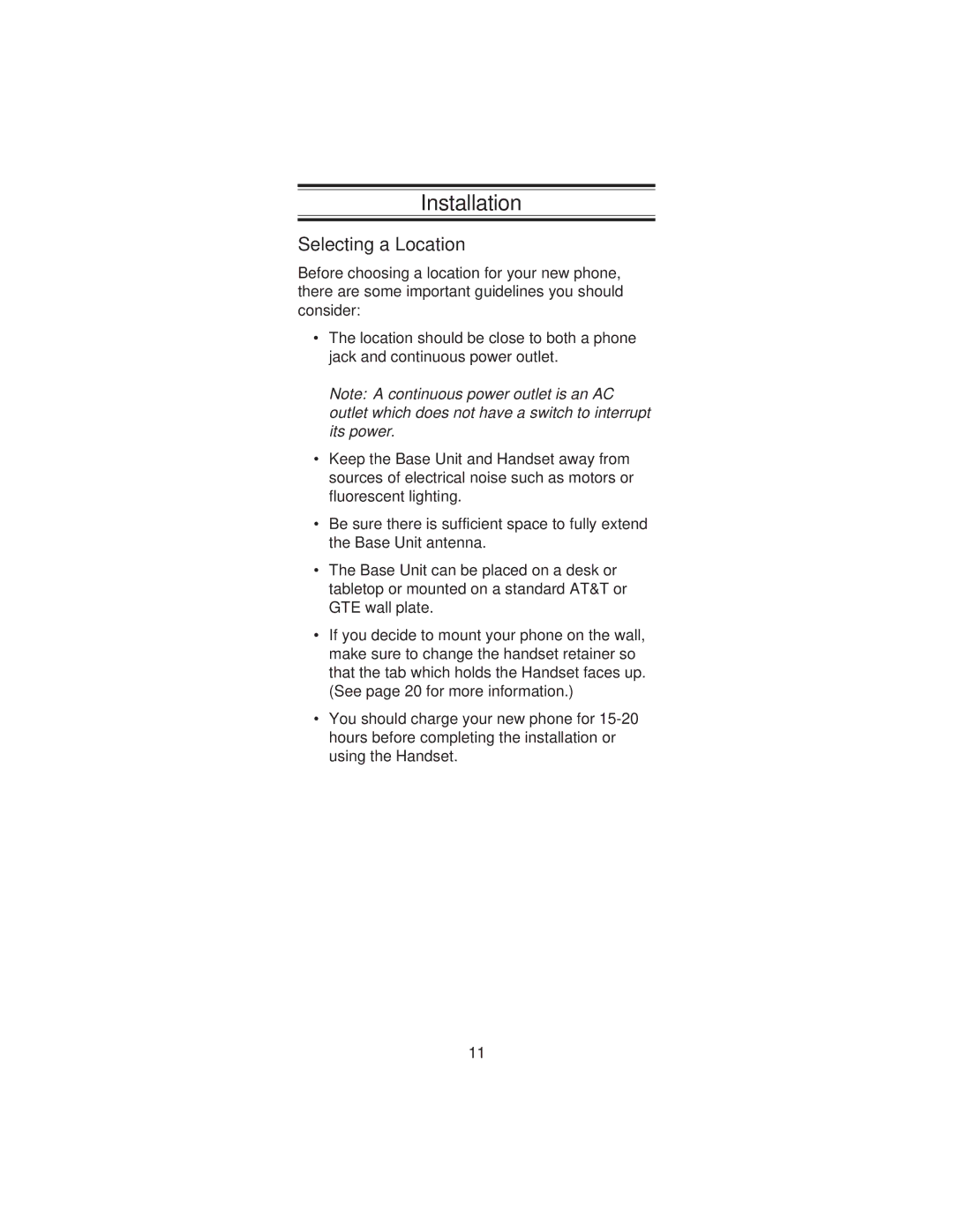 Uniden XCI-660 important safety instructions Installation, Selecting a Location 