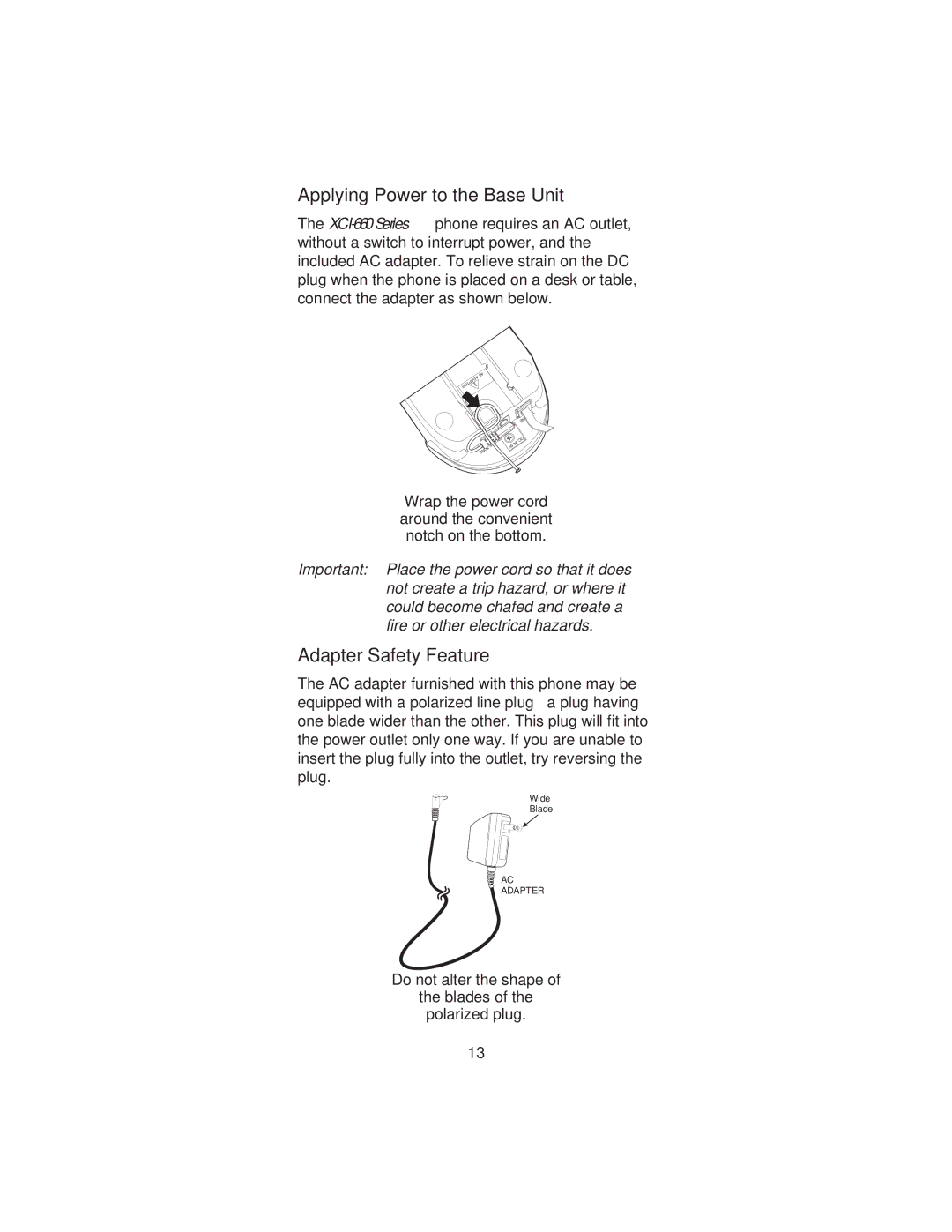 Uniden XCI-660 important safety instructions Applying Power to the Base Unit, Adapter Safety Feature 