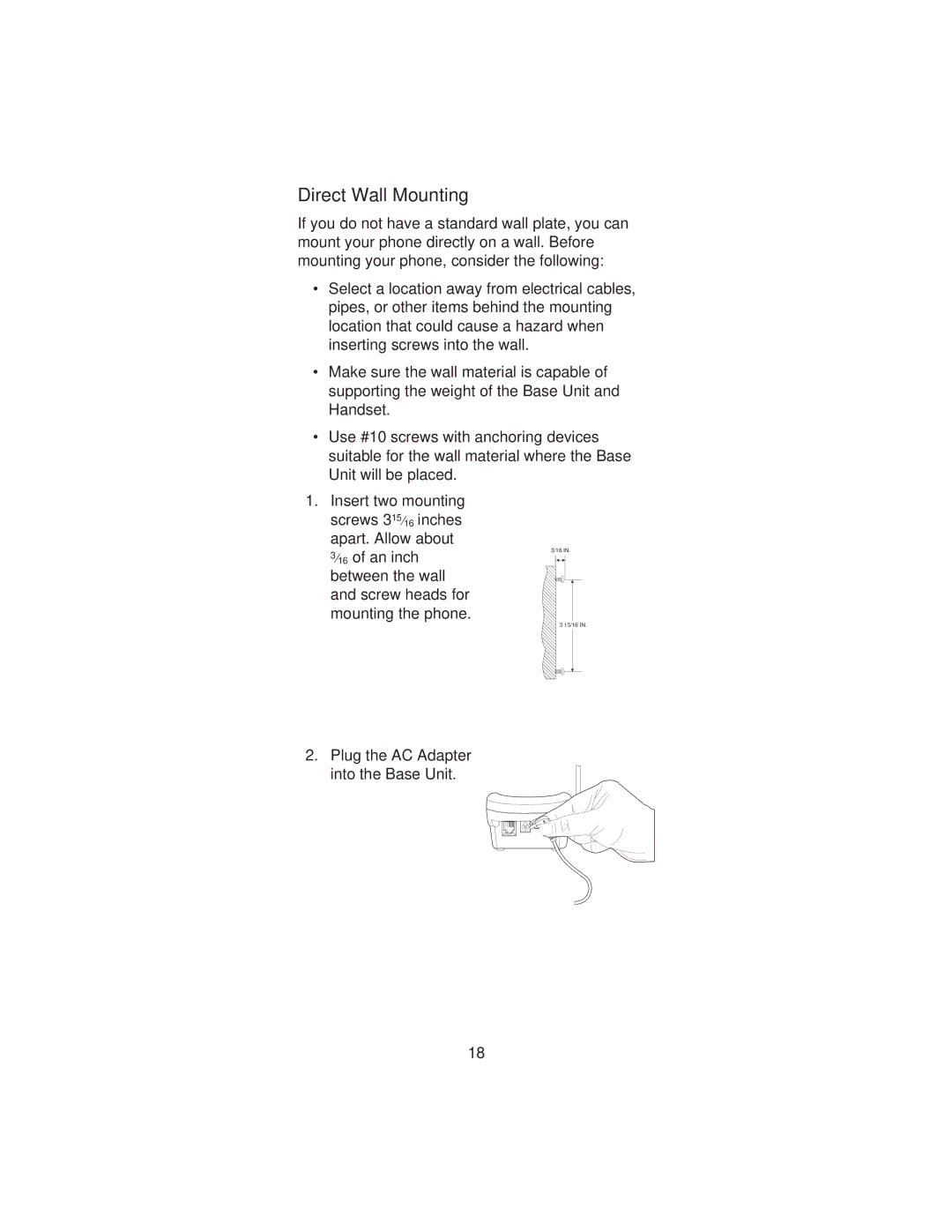 Uniden XCI-660 important safety instructions Direct Wall Mounting 