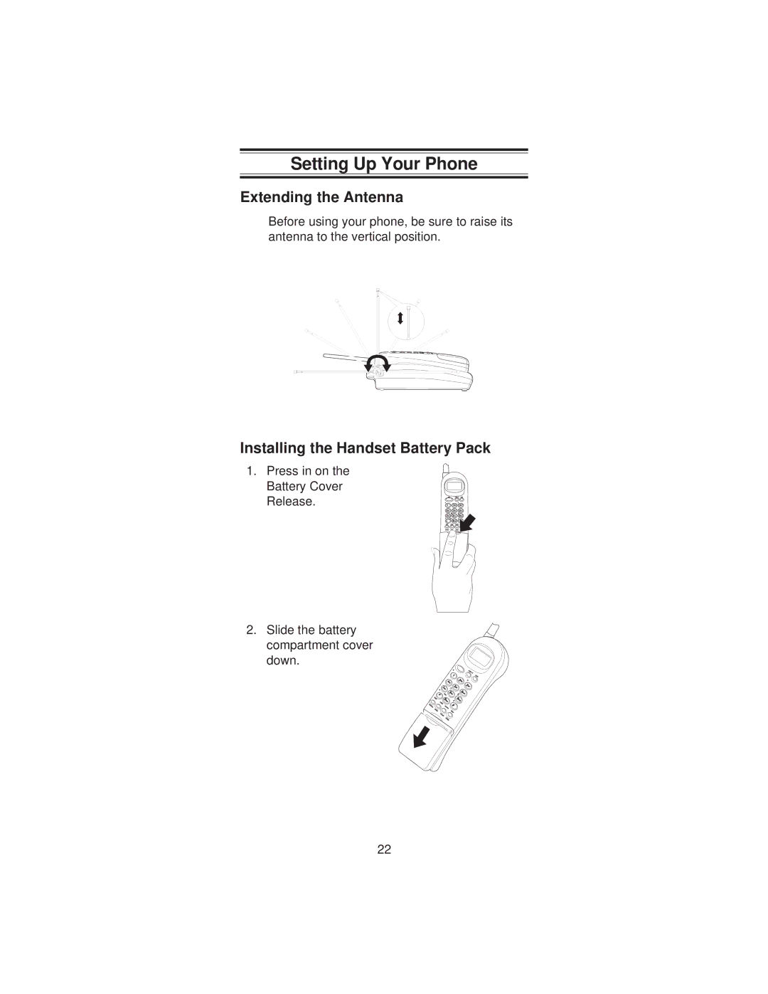 Uniden XCI-660 Setting Up Your Phone, Extending the Antenna, Installing the Handset Battery Pack 