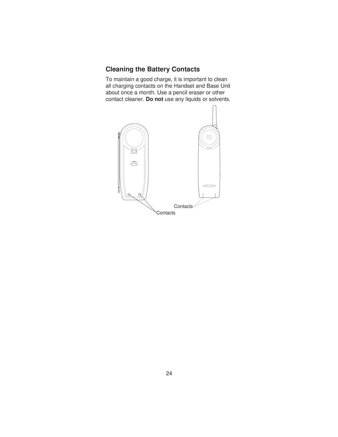 Uniden XCI-660 important safety instructions Cleaning the Battery Contacts 