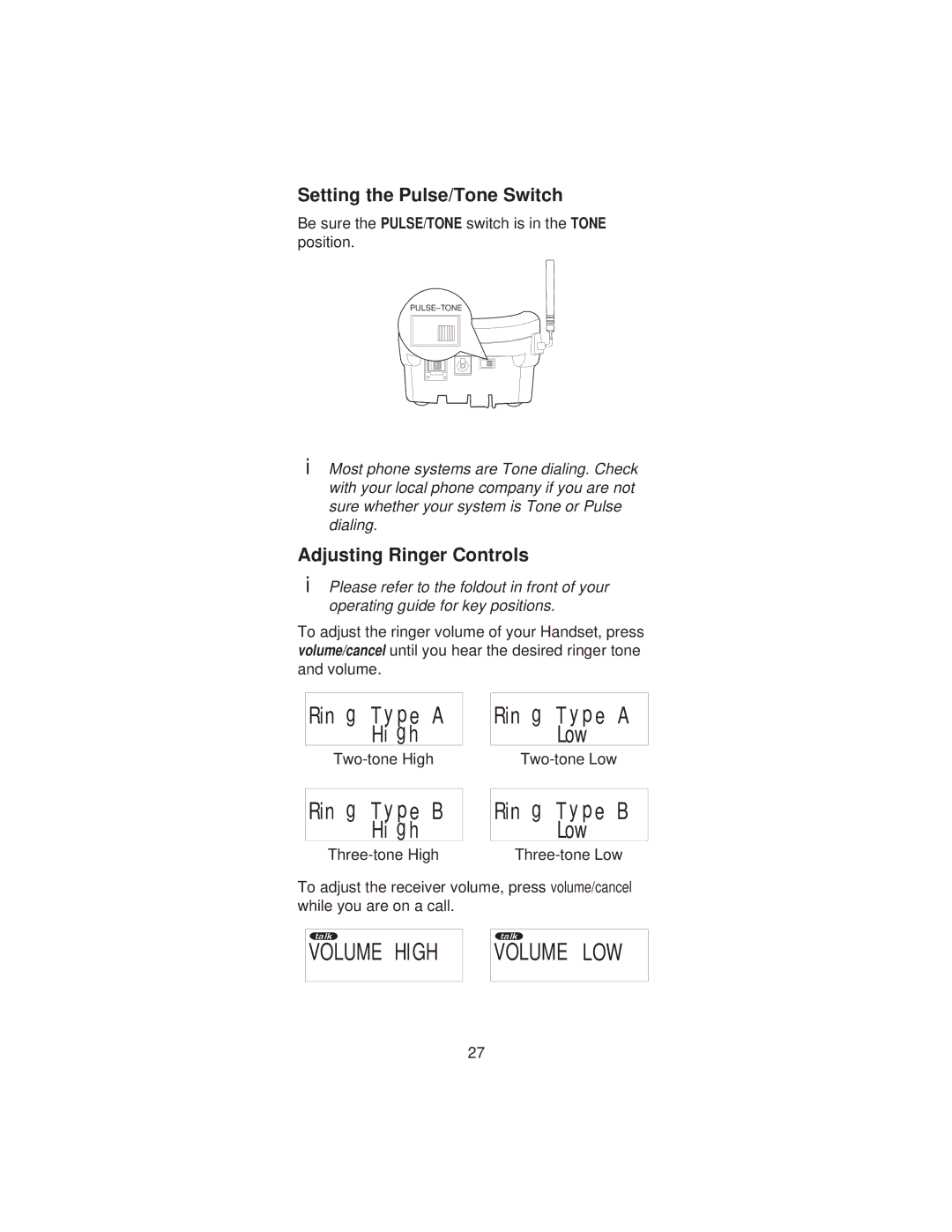 Uniden XCI-660 important safety instructions Setting the Pulse/Tone Switch, Adjusting Ringer Controls 