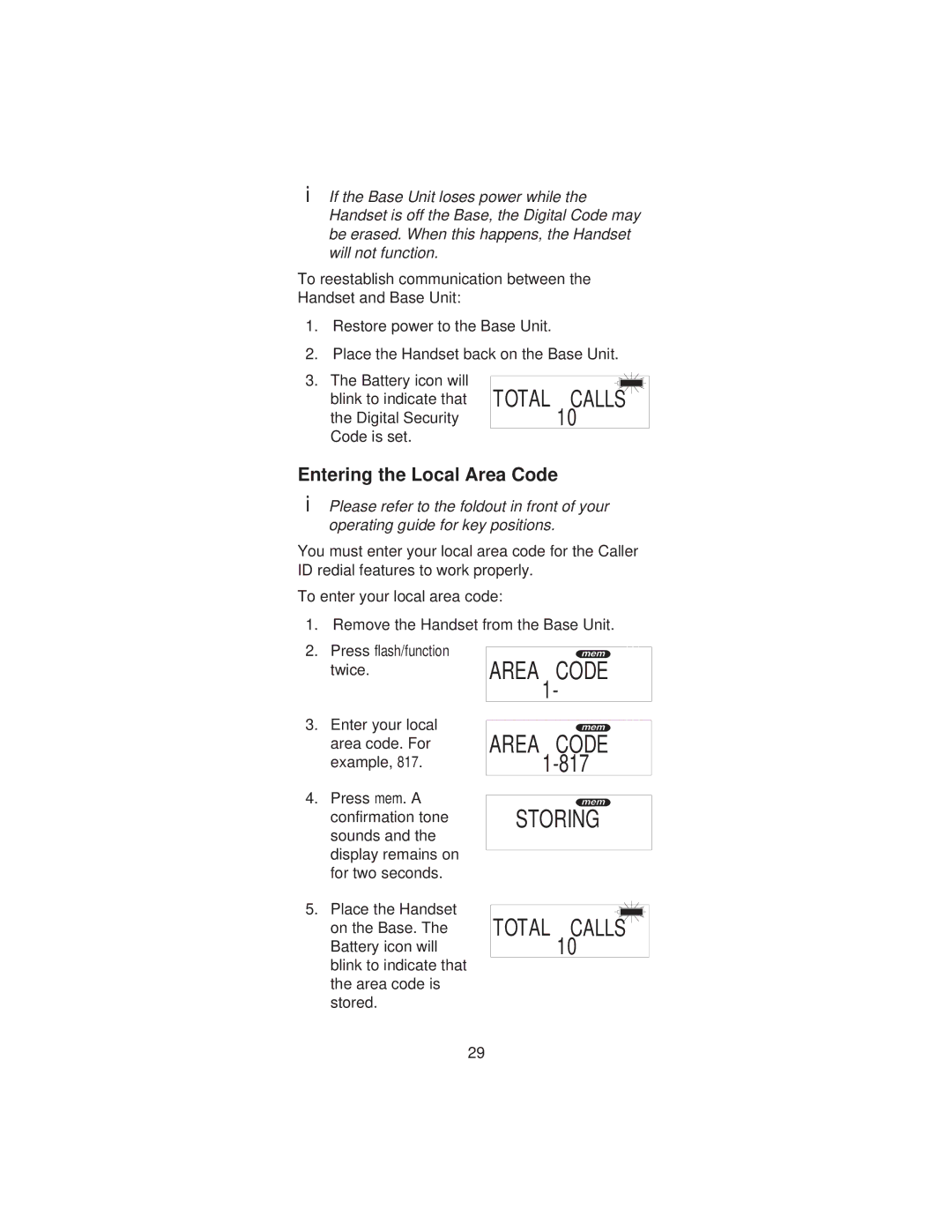 Uniden XCI-660 important safety instructions Entering the Local Area Code 