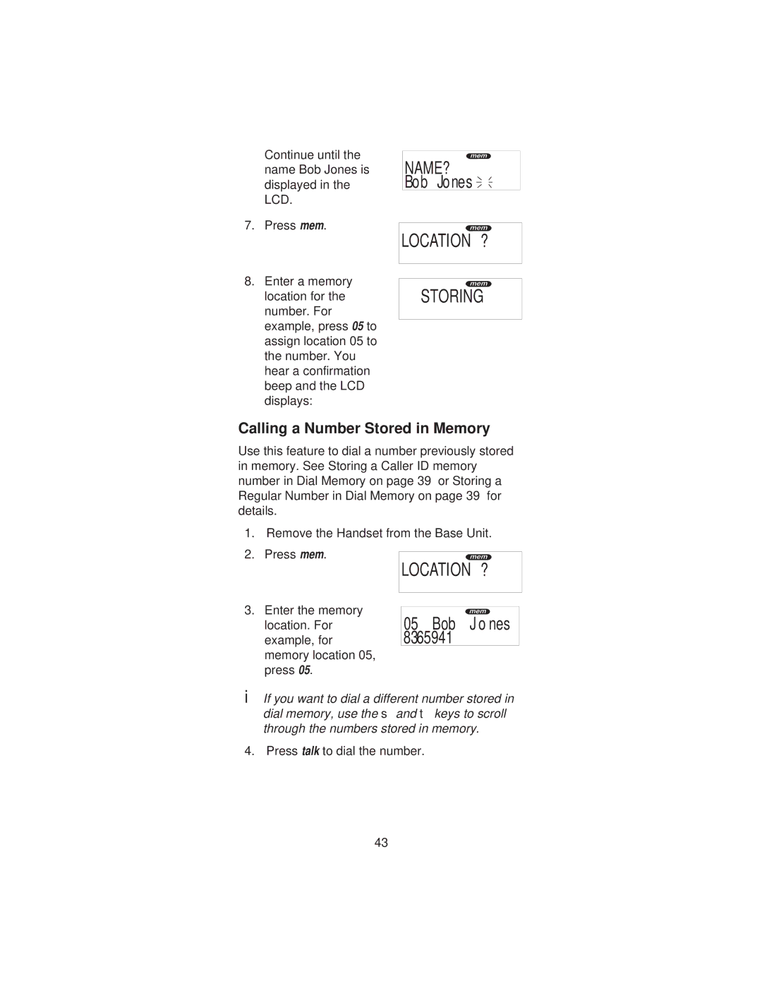 Uniden XCI-660 important safety instructions Bob Jones 8365941, Calling a Number Stored in Memory 