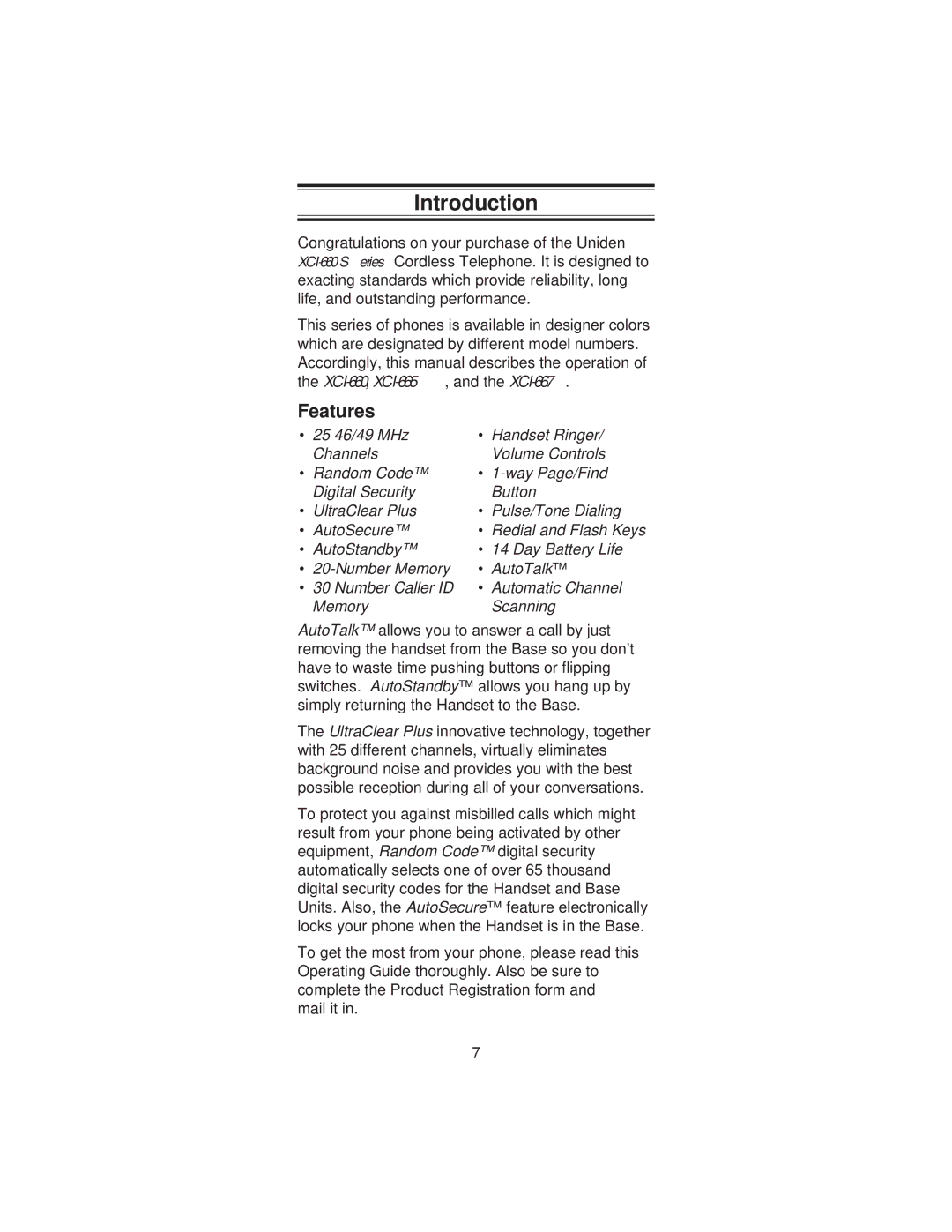 Uniden XCI-660 important safety instructions Introduction, Features 