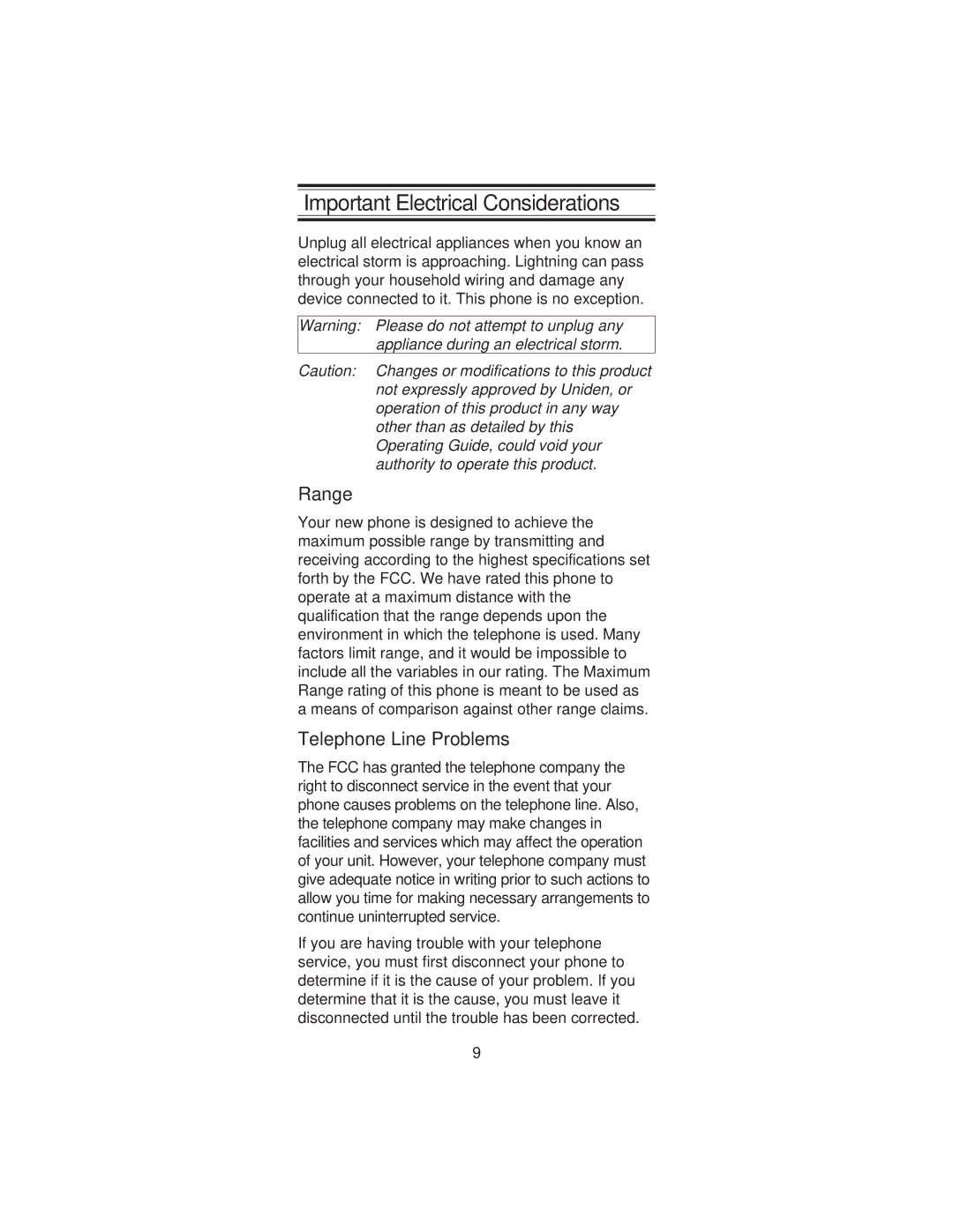 Uniden XCI-660 important safety instructions Important Electrical Considerations, Range, Telephone Line Problems 