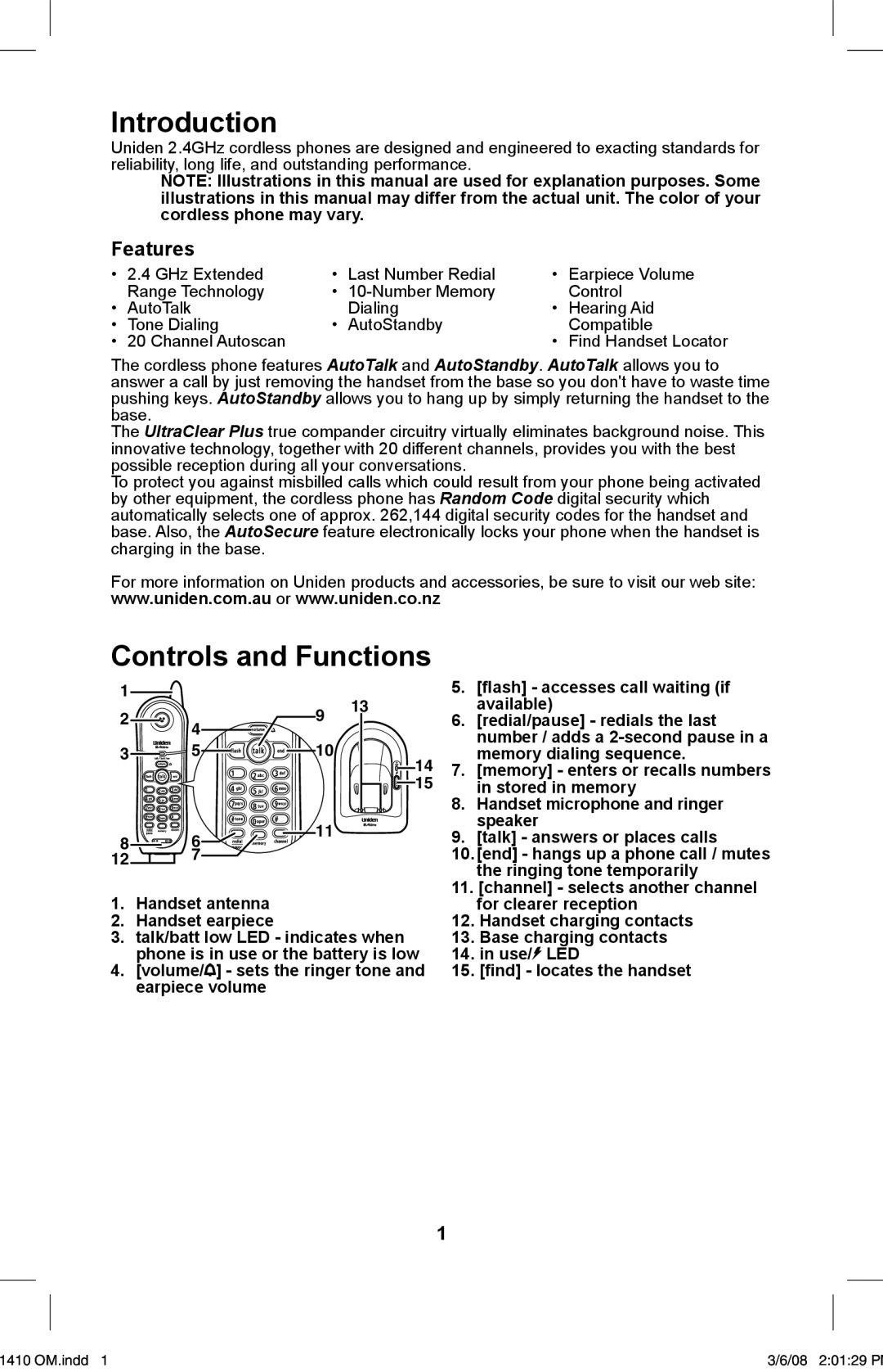 Uniden XS 1410 owner manual Introduction, Controls and Functions, Features 