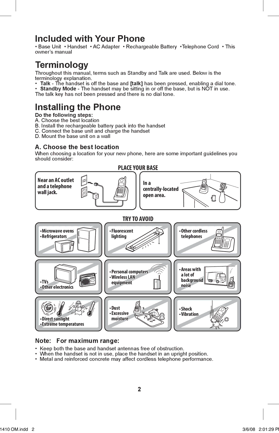 Uniden XS 1410 owner manual Included with Your Phone Terminology, Installing the Phone, Choose the best location 