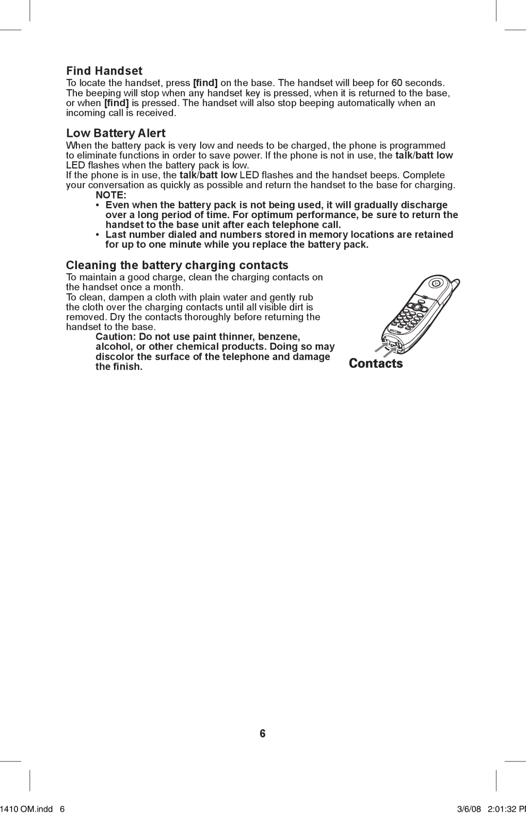 Uniden XS 1410 owner manual Find Handset, Low Battery Alert, Cleaning the battery charging contacts 