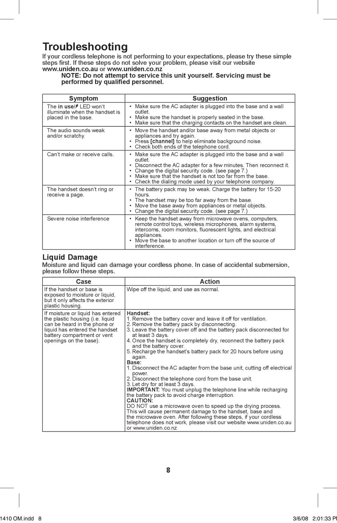 Uniden XS 1410 owner manual Troubleshooting, Liquid Damage, Symptom Suggestion, Case Action 