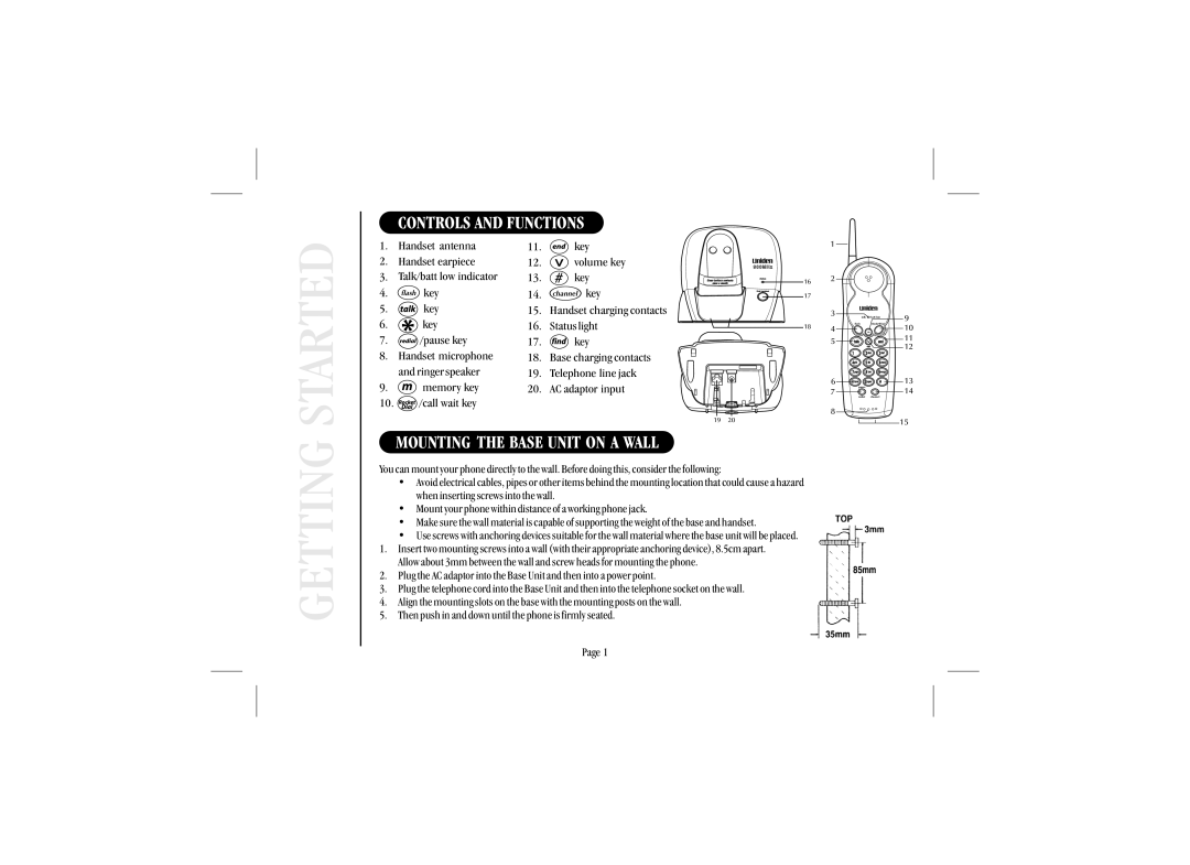 Uniden XS 910 quick start Getting Started, Controls and Functions, Mounting the Base Unit on a Wall 