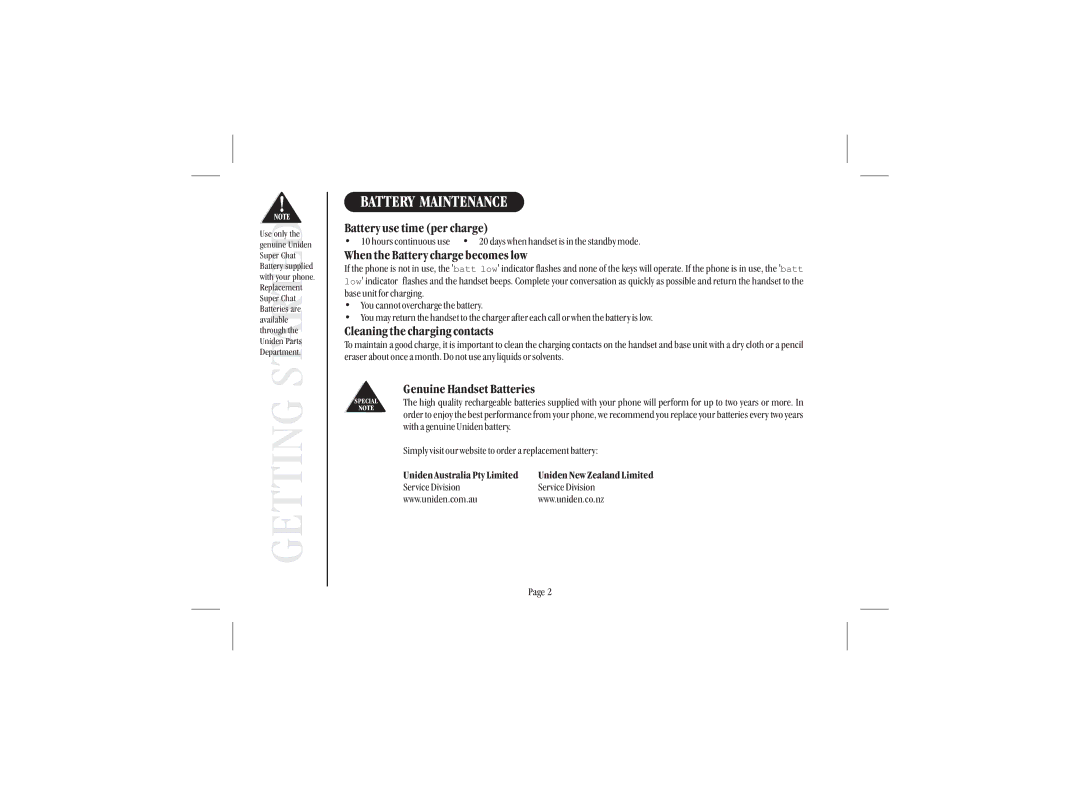 Uniden XS 910 quick start Battery Maintenance, Battery use time per charge, When the Battery charge becomes low 