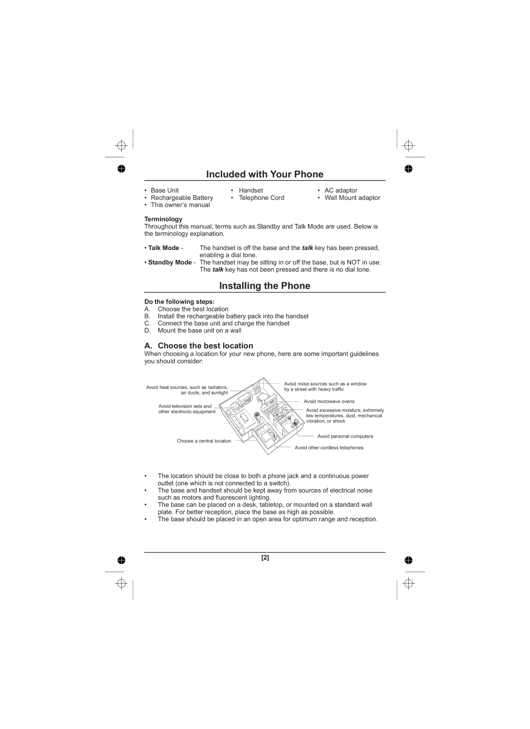 Uniden XS1210 owner manual Included with Your Phone, Installing the Phone, Choose the best location, Terminology 