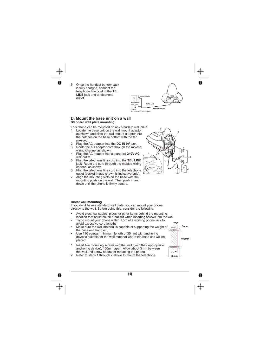 Uniden XS1210 owner manual Mount the base unit on a wall, Standard wall plate mounting, Direct wall mounting 