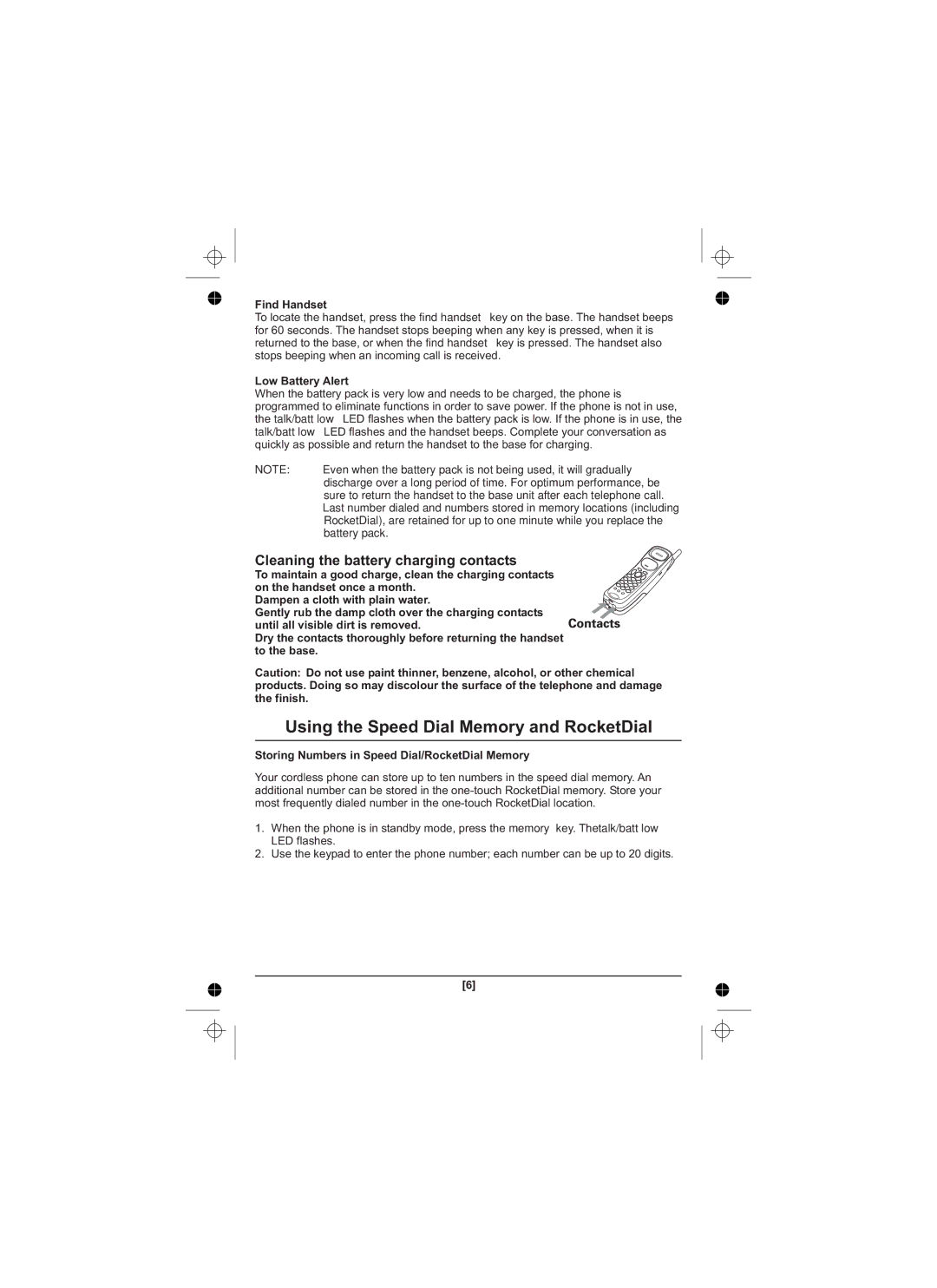 Uniden XS1210 owner manual Using the Speed Dial Memory and RocketDial, Cleaning the battery charging contacts, Find Handset 