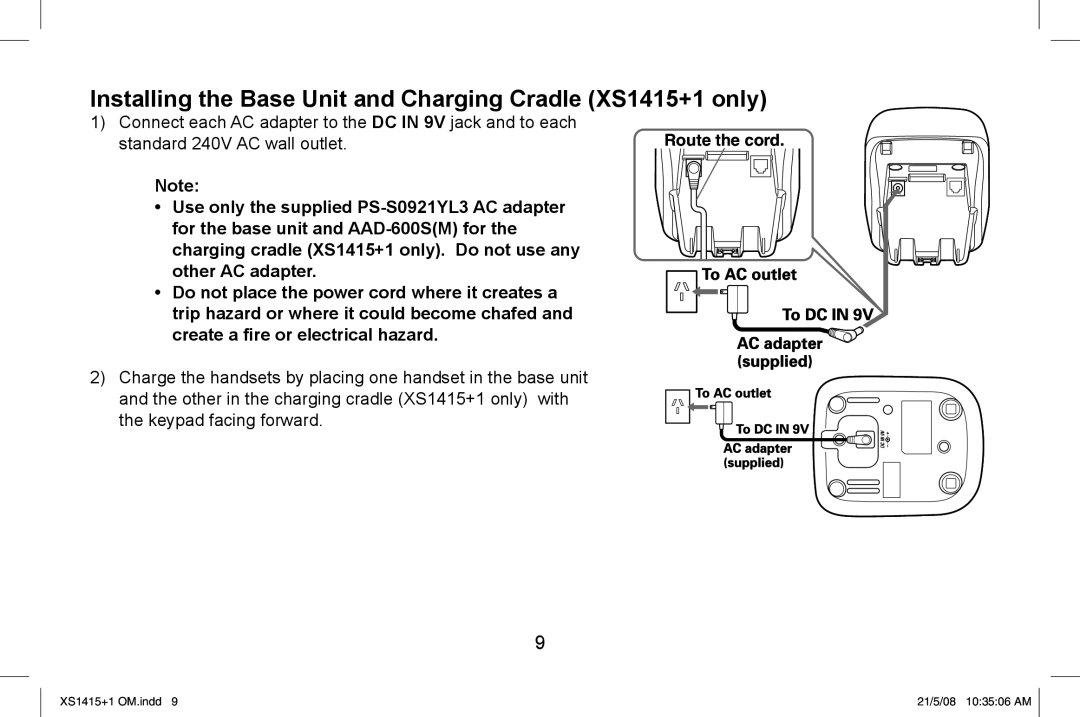 Uniden XS1415/1415+1 owner manual Installing the Base Unit and Charging Cradle XS1415+1 only 