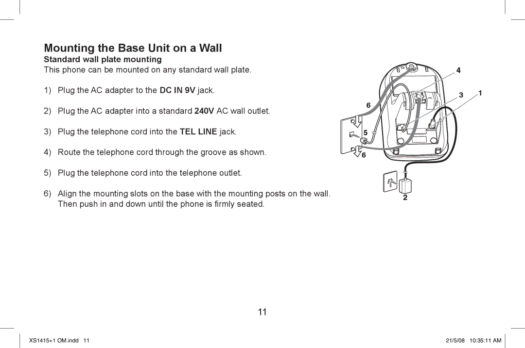 Uniden XS1415/1415+1 owner manual Mounting the Base Unit on a Wall, Standard wall plate mounting 