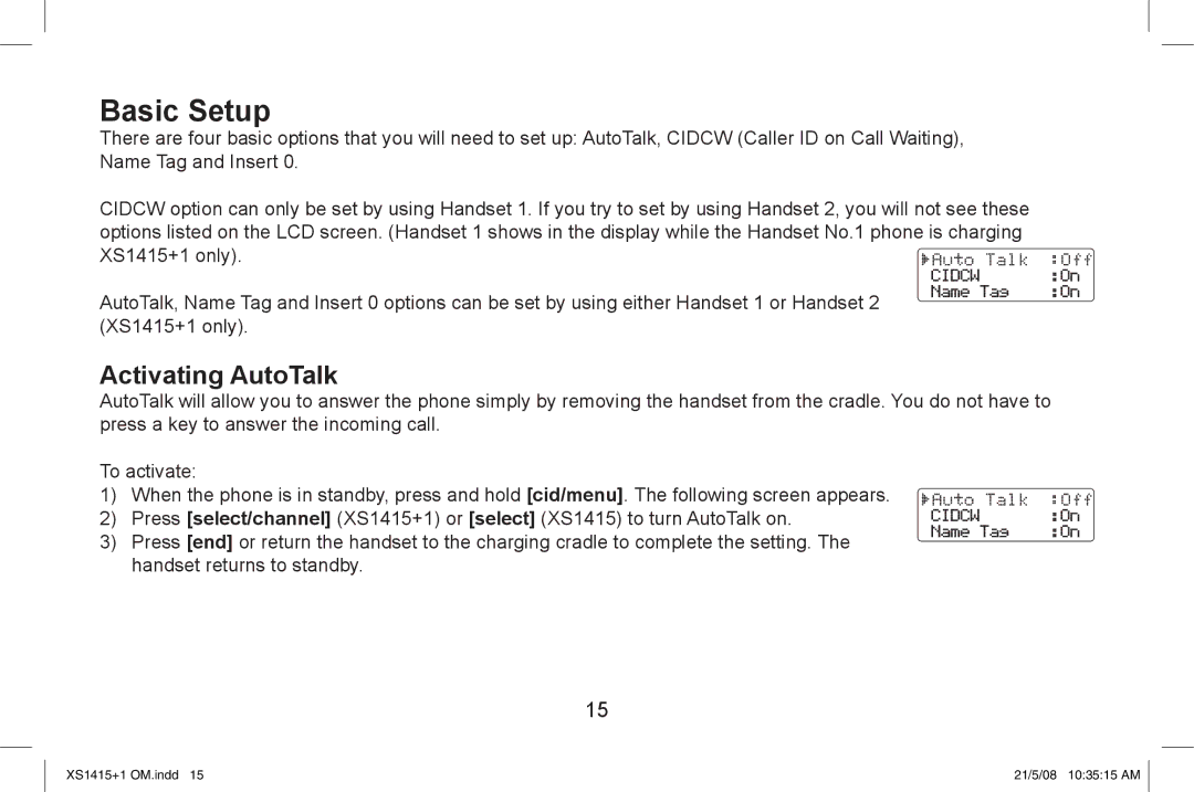 Uniden XS1415/1415+1 owner manual Basic Setup, Activating AutoTalk 