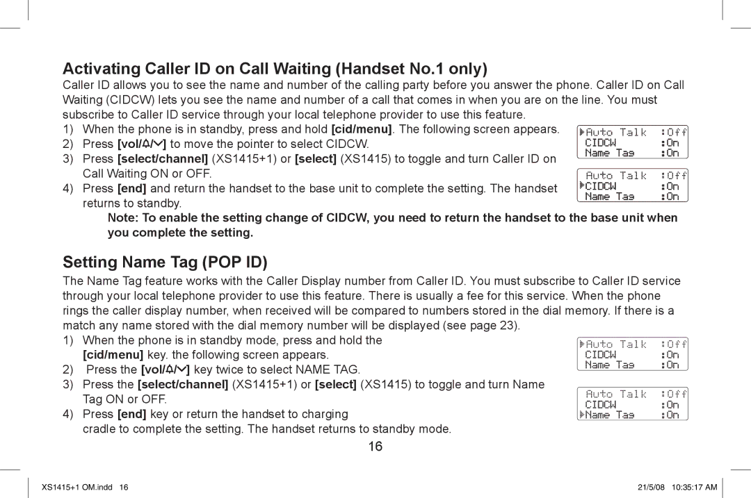 Uniden XS1415/1415+1 owner manual Activating Caller ID on Call Waiting Handset No.1 only, Setting Name Tag POP ID 