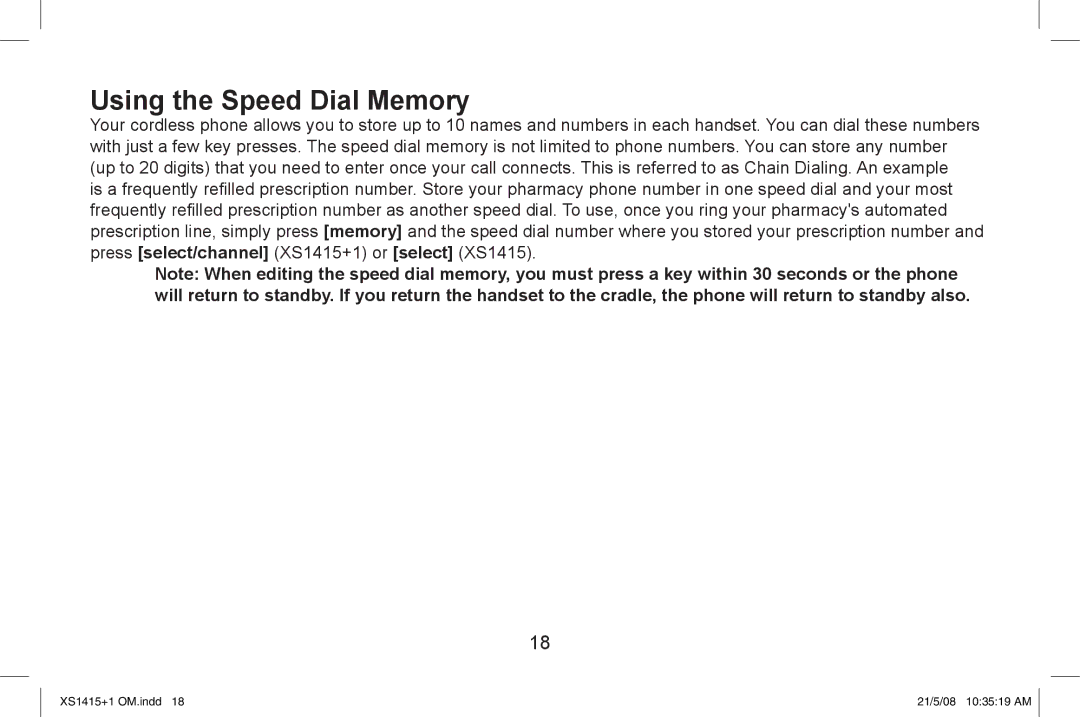 Uniden XS1415/1415+1 owner manual Using the Speed Dial Memory 