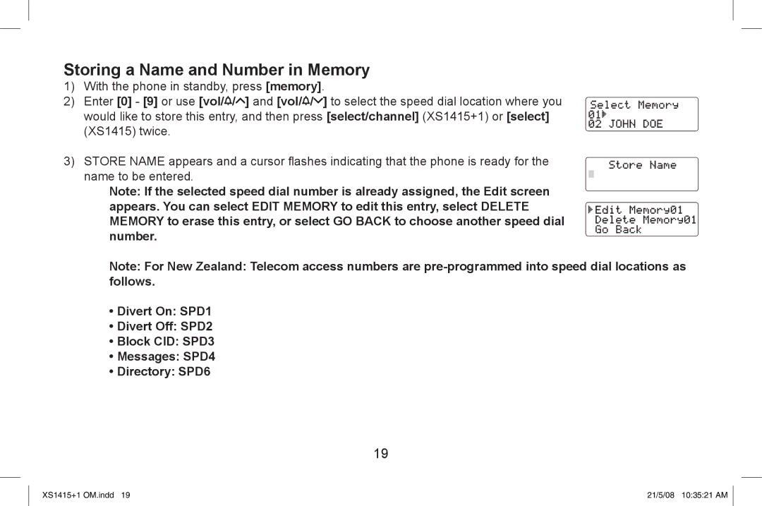 Uniden XS1415/1415+1 owner manual Storing a Name and Number in Memory 