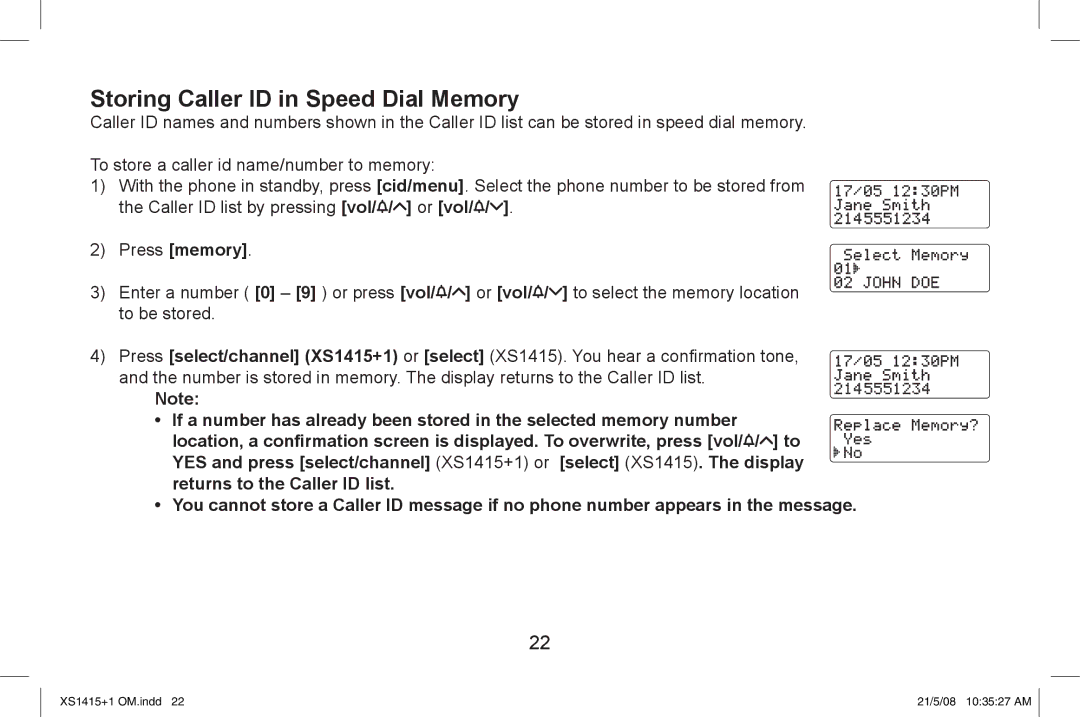 Uniden XS1415/1415+1 owner manual Storing Caller ID in Speed Dial Memory 