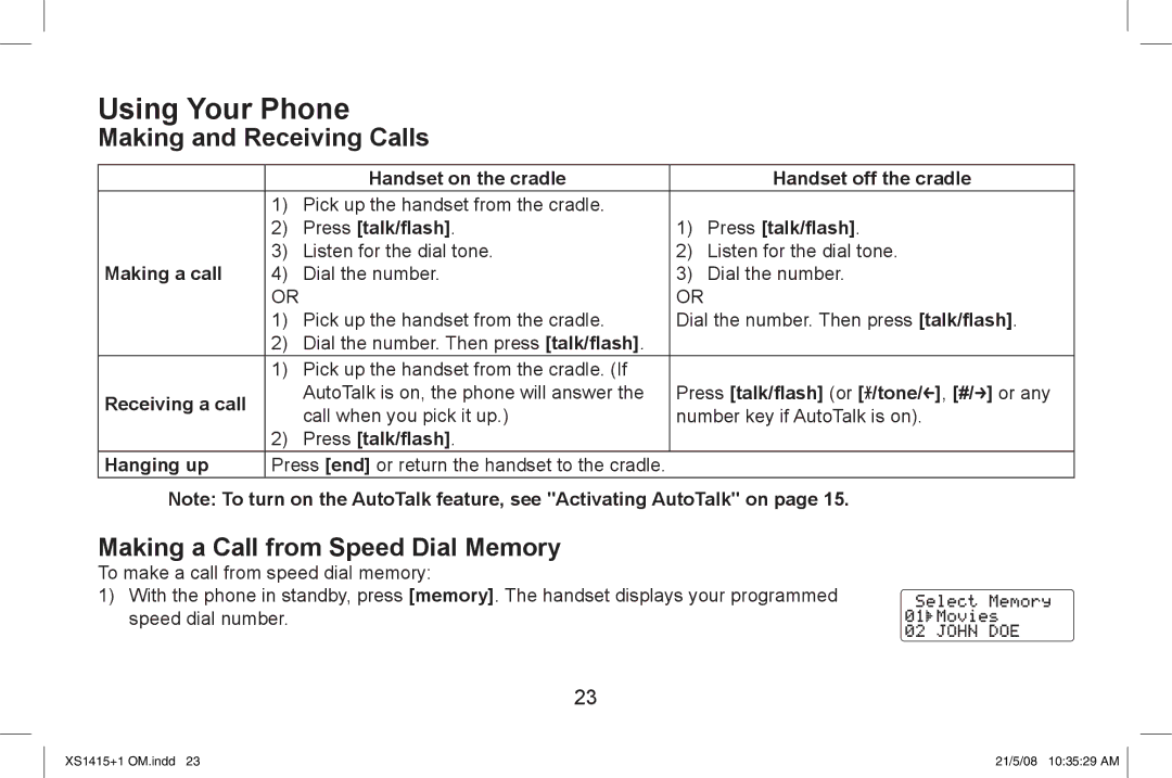 Uniden XS1415/1415+1 owner manual Using Your Phone, Making and Receiving Calls, Making a Call from Speed Dial Memory 