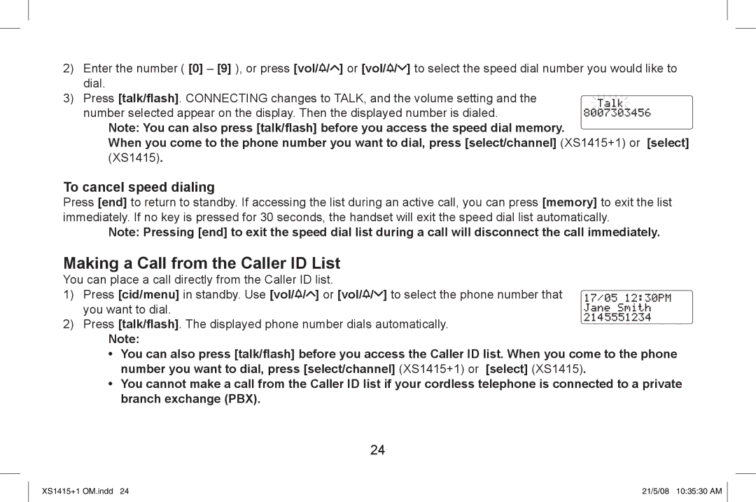 Uniden XS1415/1415+1 owner manual Making a Call from the Caller ID List, To cancel speed dialing 