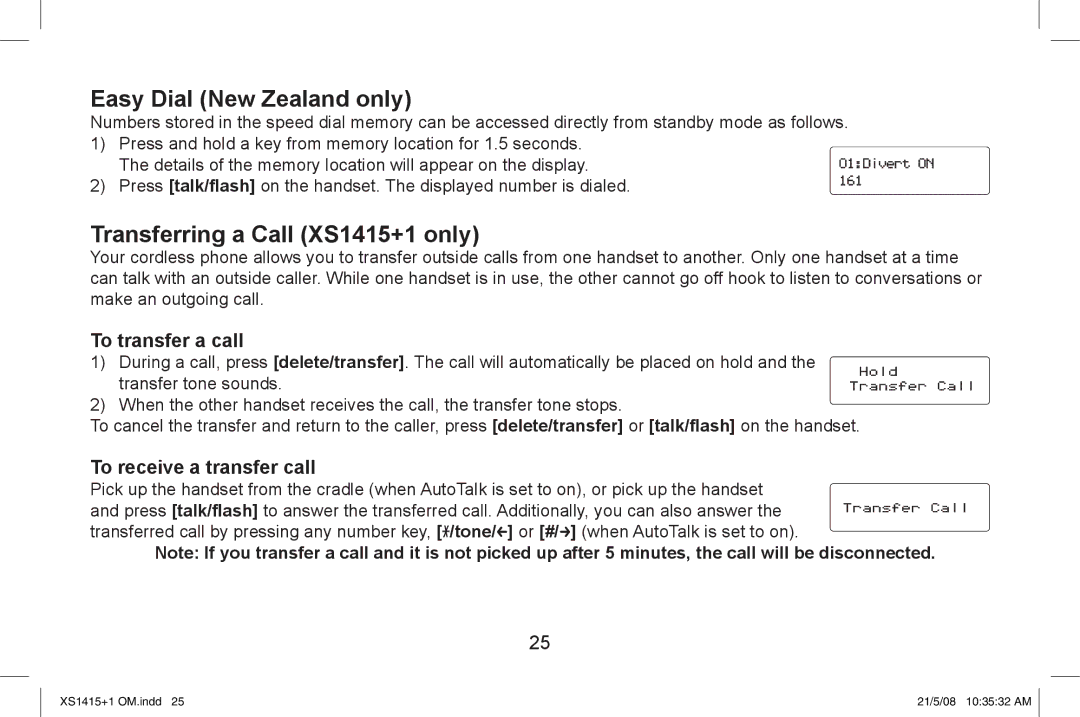 Uniden XS1415/1415+1 owner manual Easy Dial New Zealand only, Transferring a Call XS1415+1 only, To transfer a call 