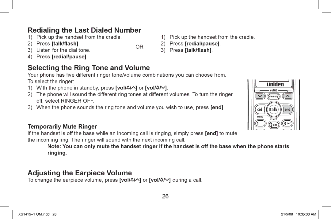 Uniden XS1415/1415+1 Redialing the Last Dialed Number, Selecting the Ring Tone and Volume, Adjusting the Earpiece Volume 