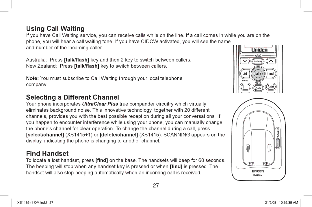 Uniden XS1415/1415+1 owner manual Using Call Waiting, Selecting a Different Channel, Find Handset 