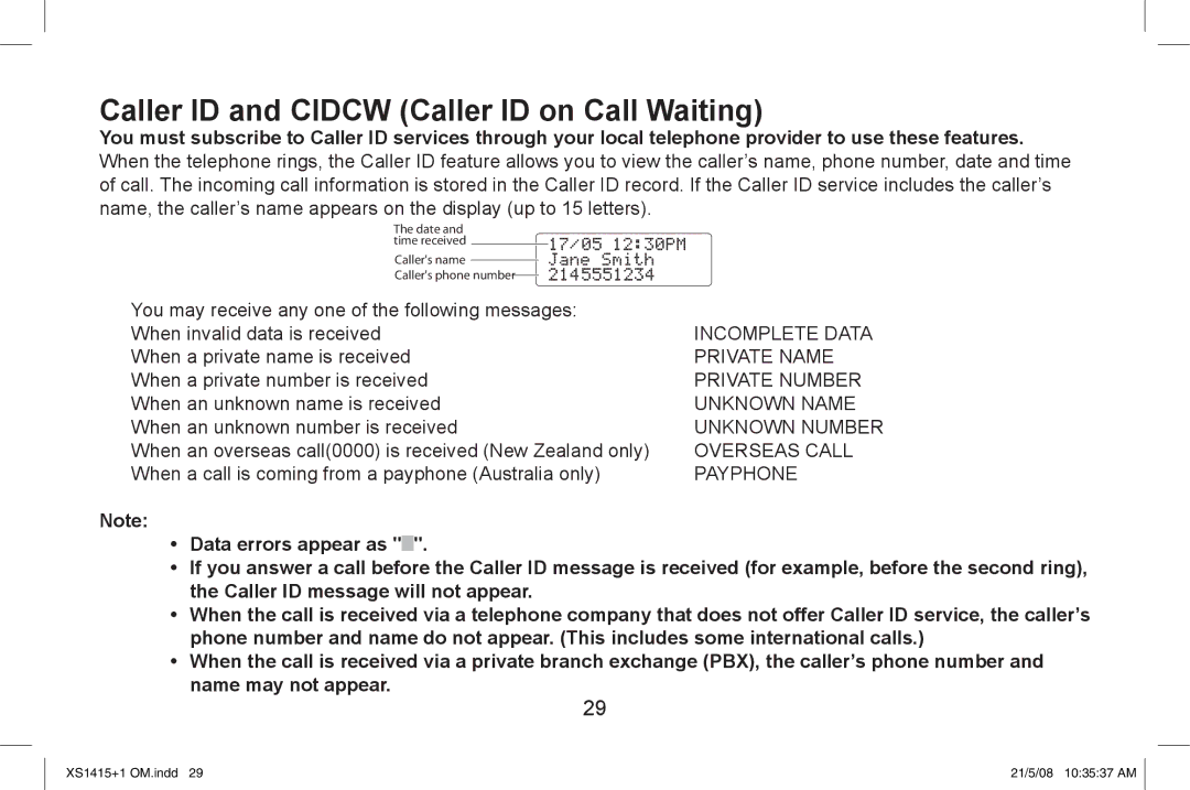 Uniden XS1415/1415+1 owner manual Caller ID and Cidcw Caller ID on Call Waiting 