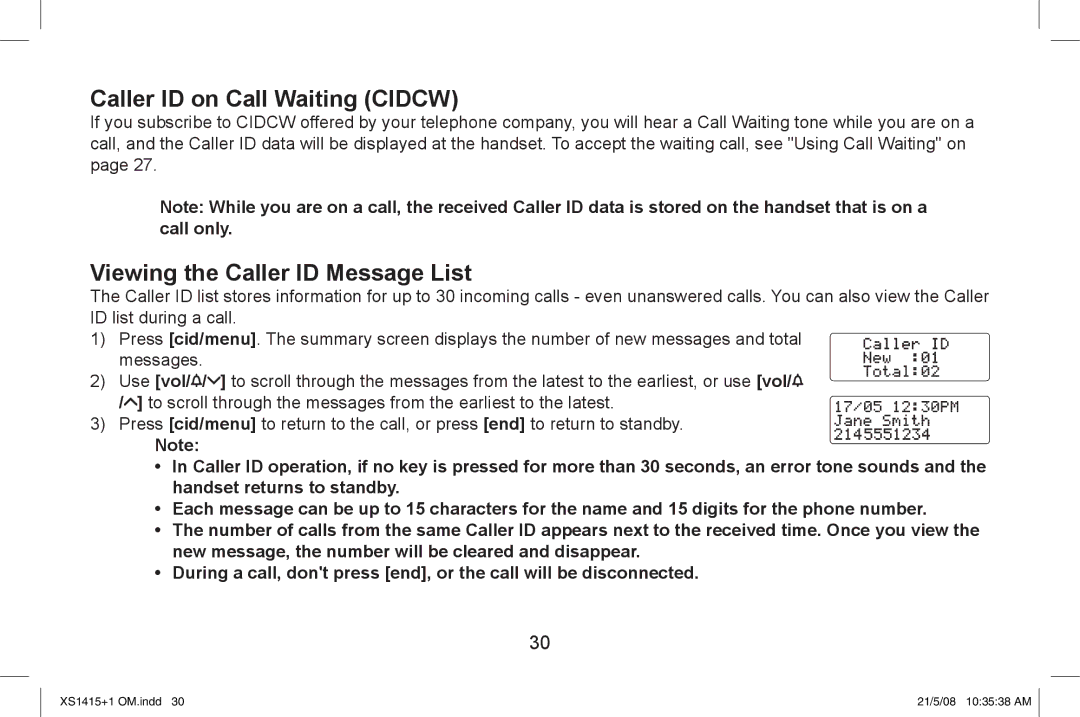 Uniden XS1415/1415+1 owner manual Caller ID on Call Waiting Cidcw, Viewing the Caller ID Message List 