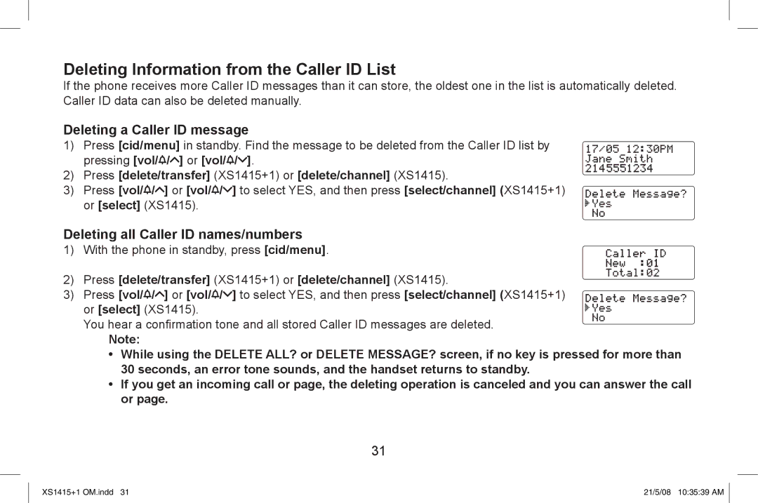 Uniden XS1415/1415+1 owner manual Deleting Information from the Caller ID List, Deleting a Caller ID message 