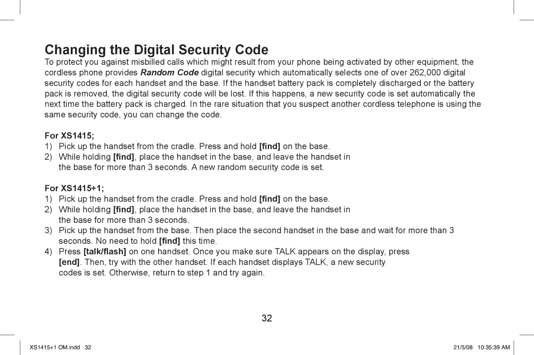 Uniden XS1415/1415+1 owner manual Changing the Digital Security Code, For XS1415+1 