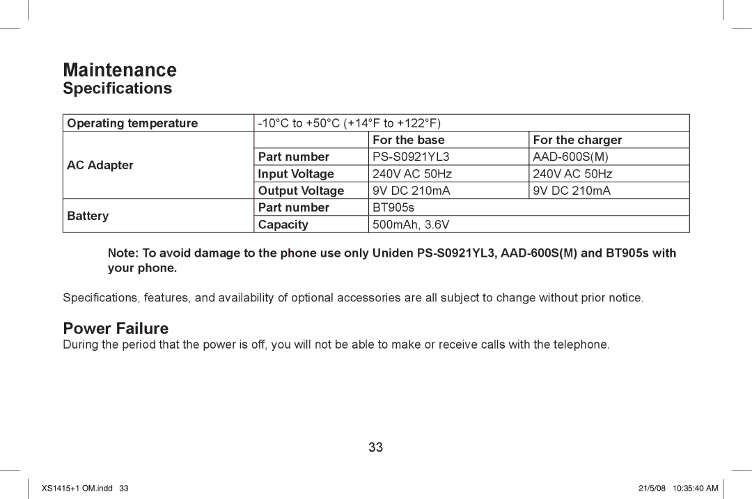 Uniden XS1415/1415+1 owner manual Maintenance, Specifications, Power Failure 