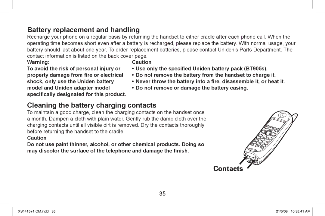 Uniden XS1415/1415+1 owner manual Battery replacement and handling, Cleaning the battery charging contacts 