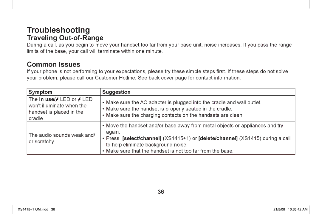 Uniden XS1415/1415+1 owner manual Troubleshooting, Traveling Out-of-Range, Common Issues, Symptom Suggestion 