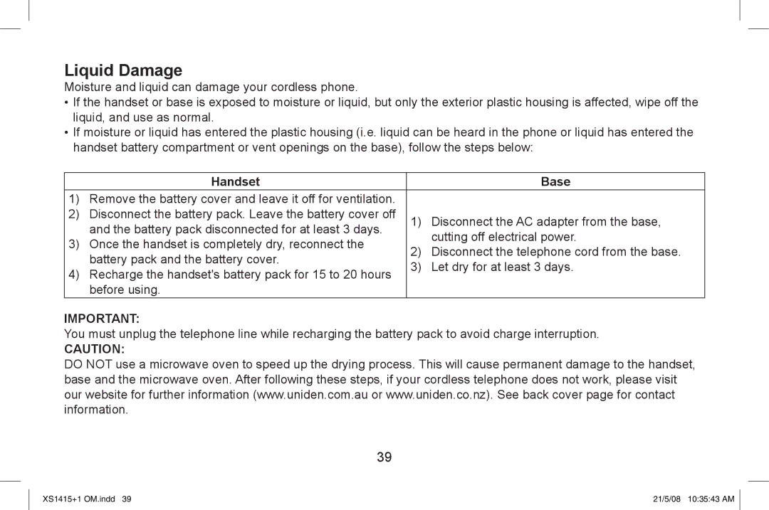 Uniden XS1415/1415+1 owner manual Liquid Damage, Handset Base 